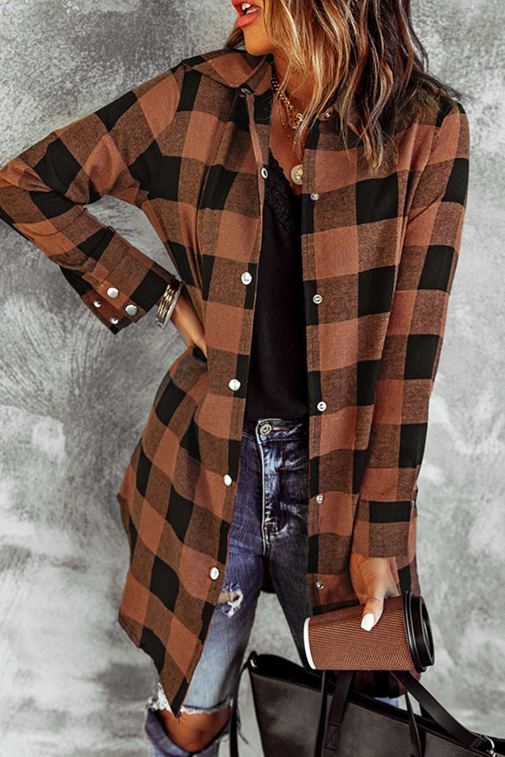 Brown Turn-Down Collar Plaid Shacket