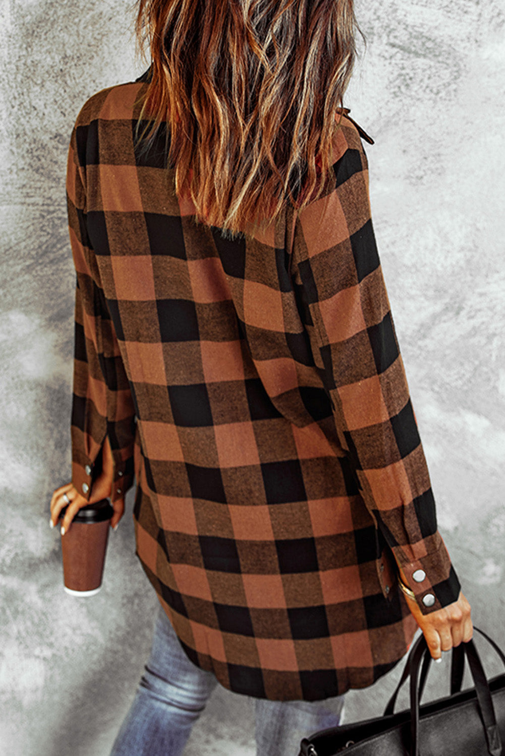 Brown Turn-Down Collar Plaid Shacket