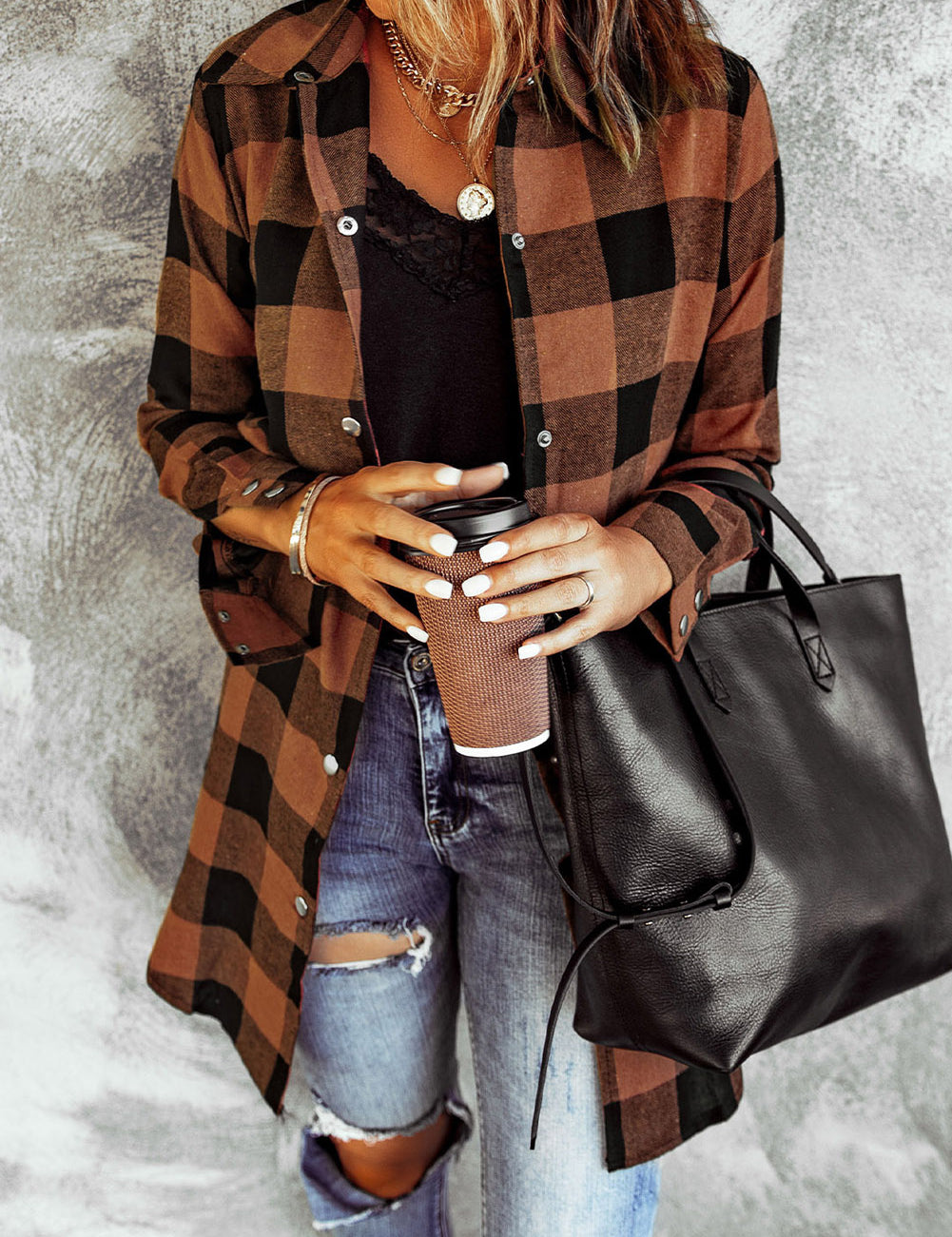 Brown Turn-Down Collar Plaid Shacket
