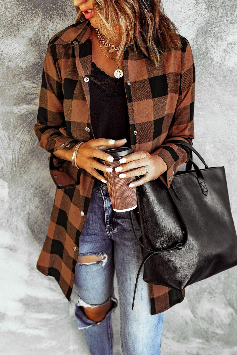 Brown Turn-Down Collar Plaid Shacket