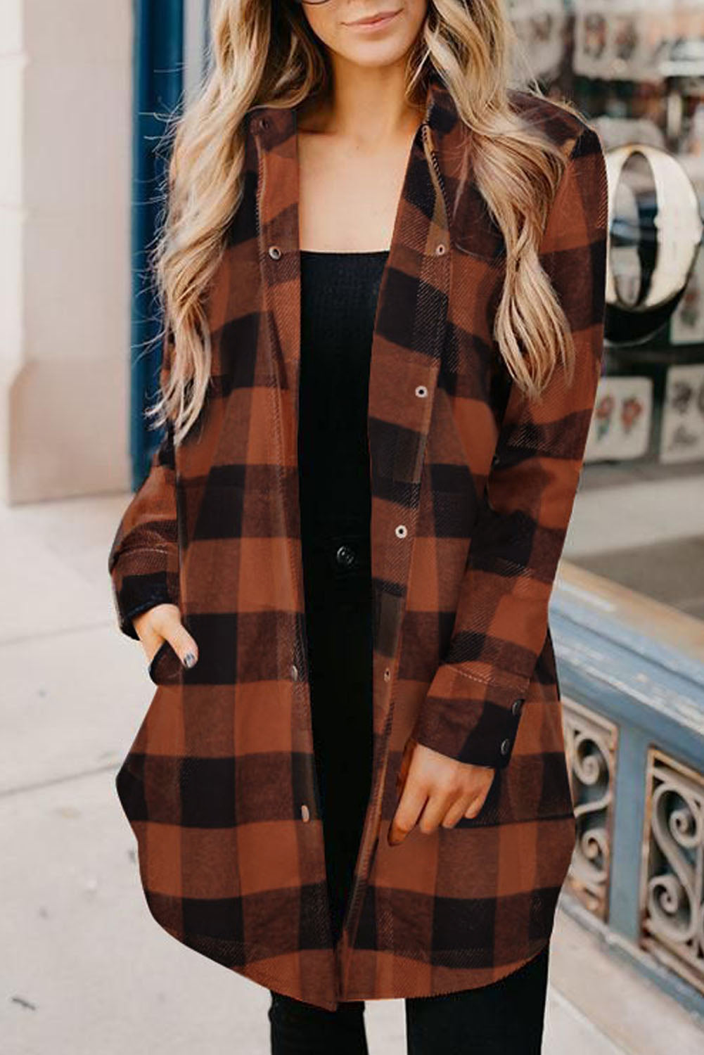 Brown Turn-Down Collar Plaid Shacket
