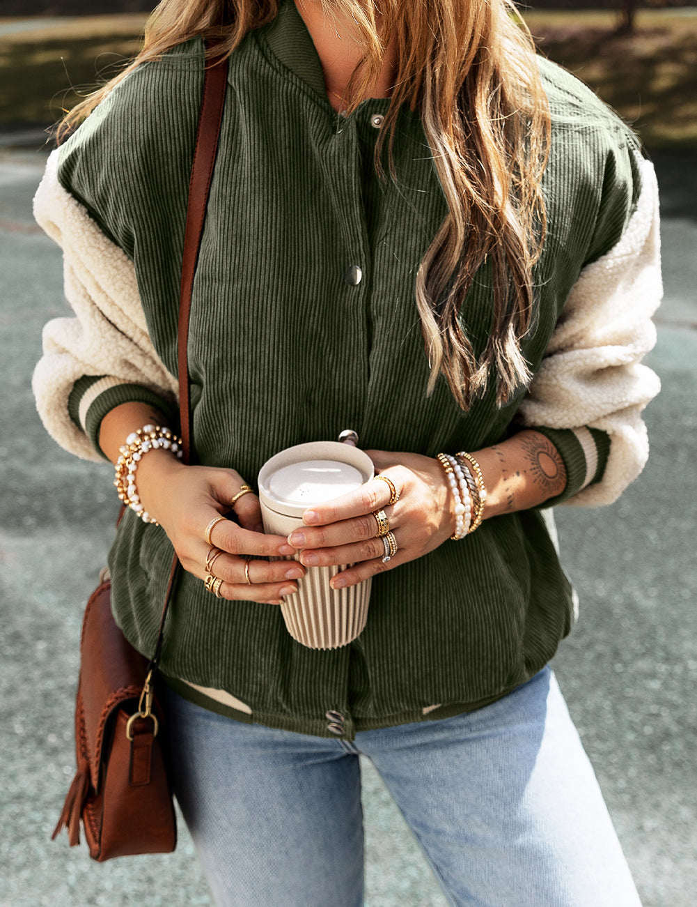 Corduroy Fleece Buttoned Bomber Jacket