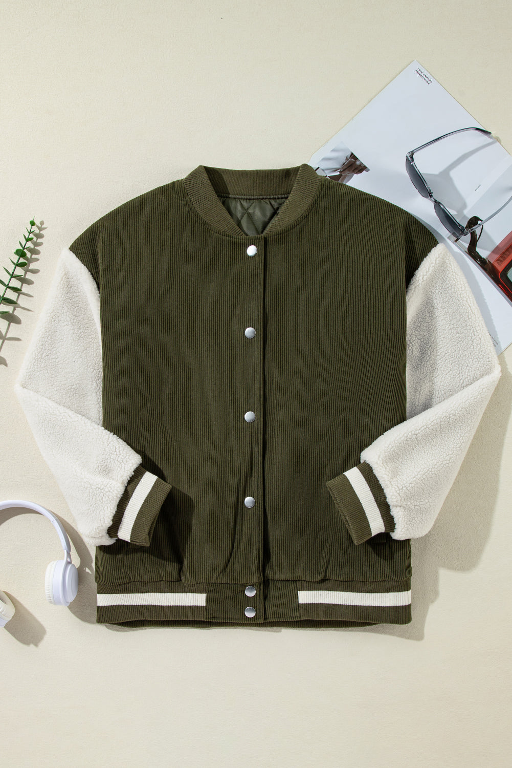 Corduroy Fleece Buttoned Bomber Jacket