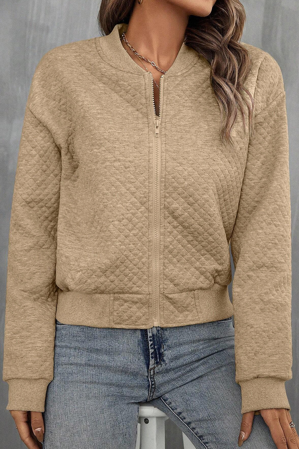 Solid Geometric Textured Baseball Collar Jacket