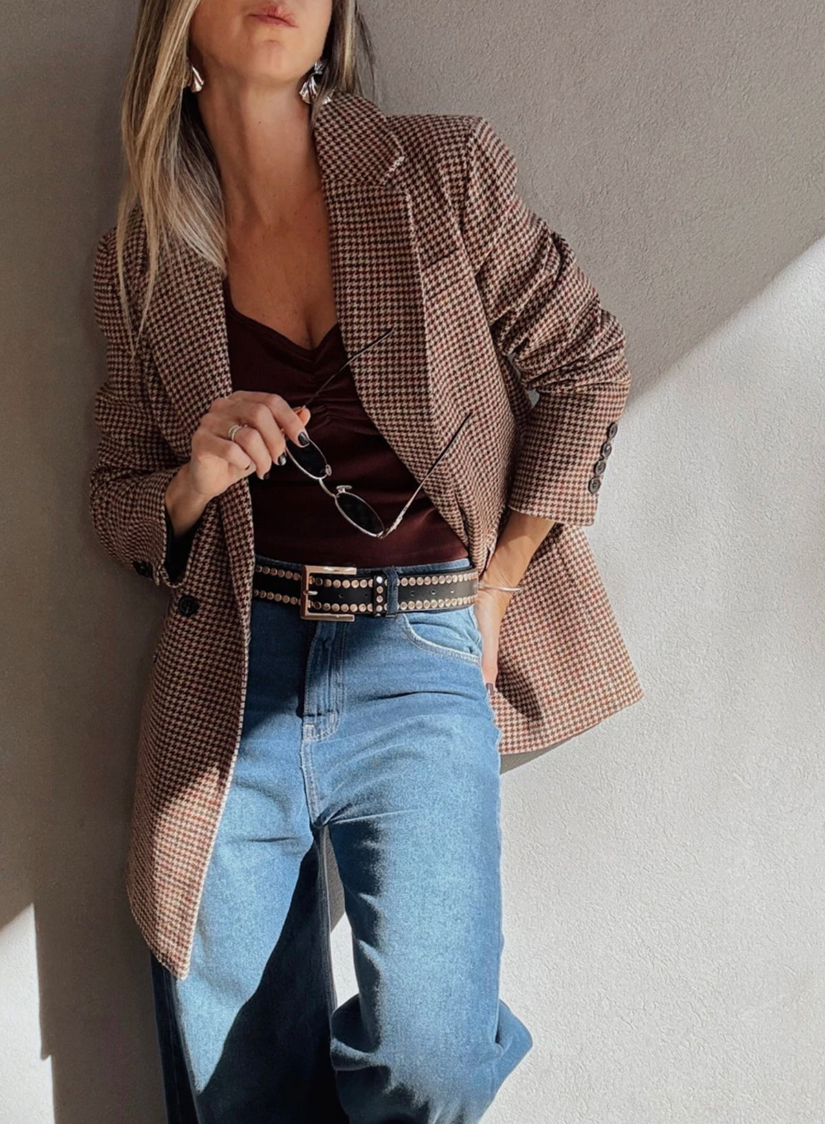 Houndstooth Lapel Collar Blazer