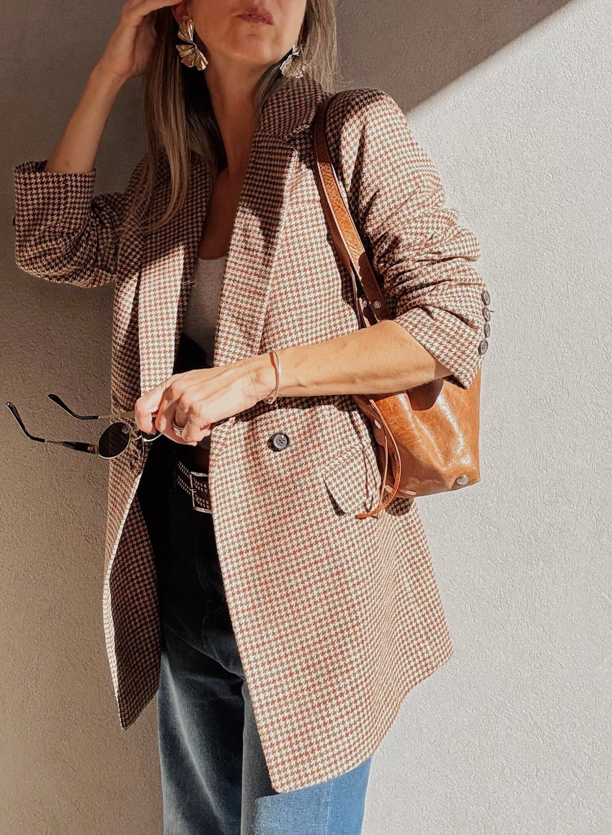 Houndstooth Lapel Collar Blazer