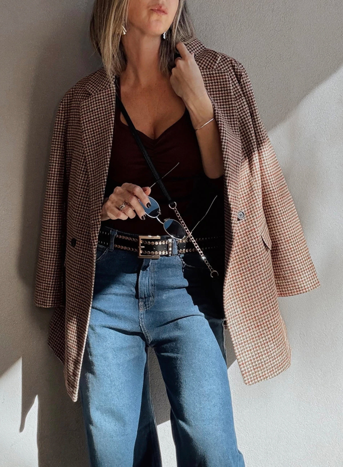 Houndstooth Lapel Collar Blazer