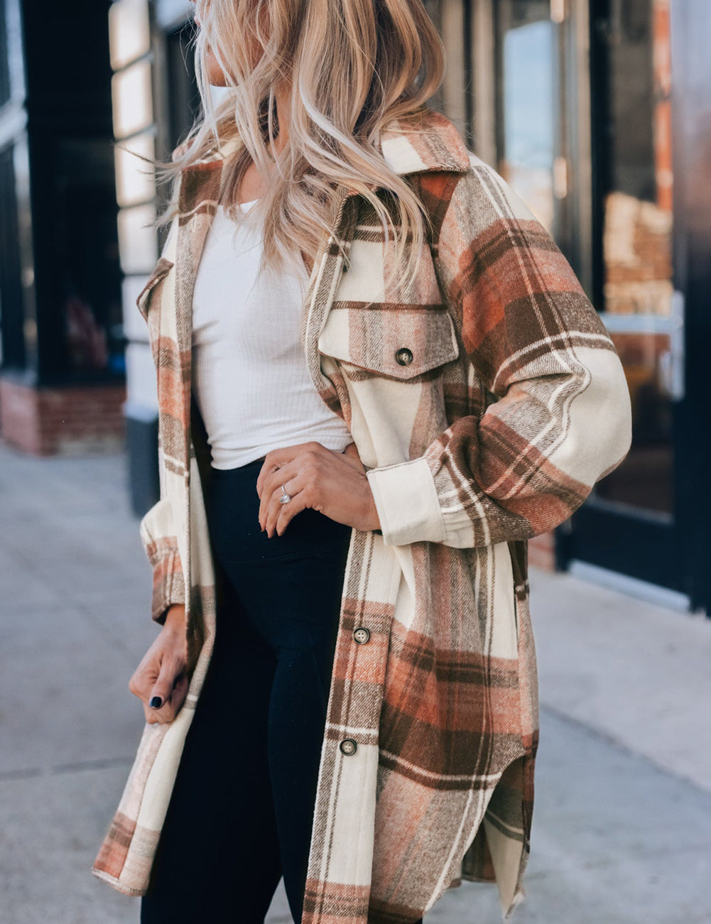 Plaid Print Flap Pockets Long Shacket