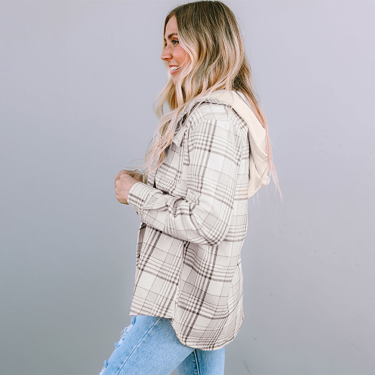 Plaid Removable Hood Buttoned Shacket