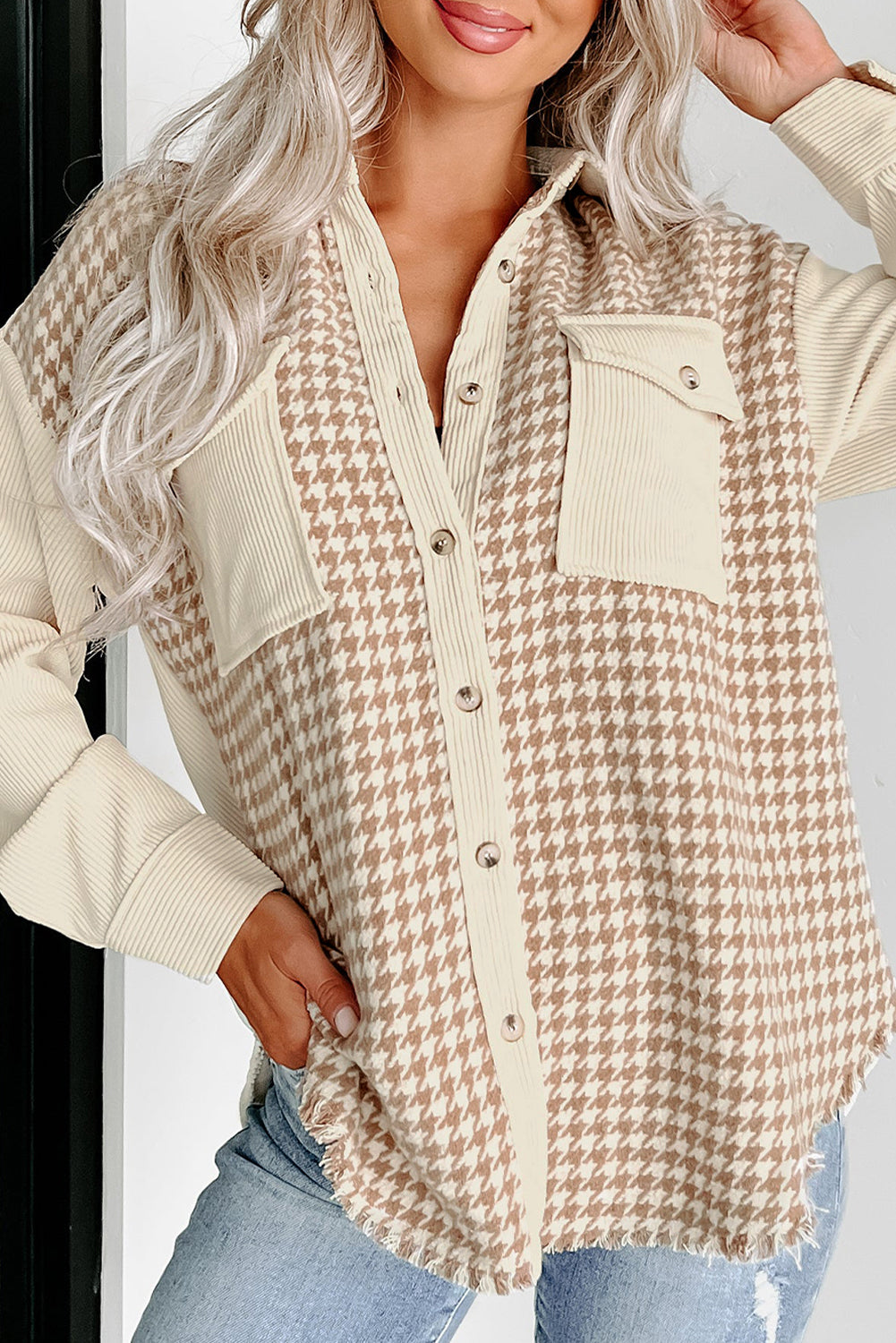 Houndstooth Corduroy Patchwork Flap Pocket Shacket