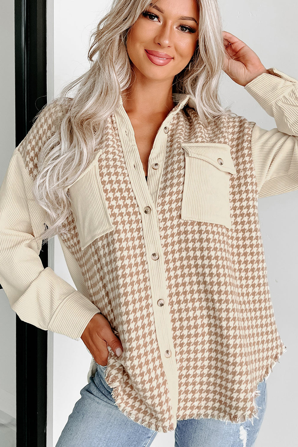 Houndstooth Corduroy Patchwork Flap Pocket Shacket
