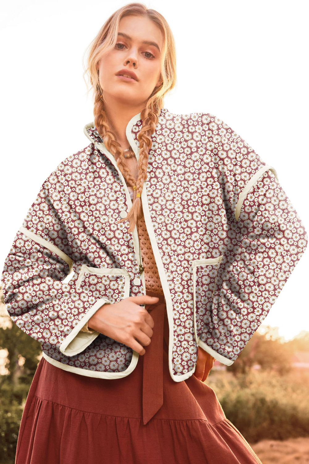 Floral Print Pocketed Quilted Jacket