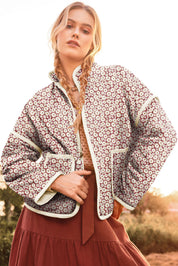 Floral Print Pocketed Quilted Jacket