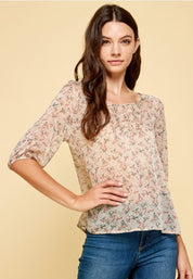 Floral Chiffon Quarter Sleeve Top