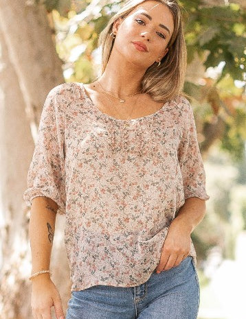 Floral Chiffon Quarter Sleeve Top