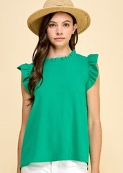 Solid Mock Neck Flutter Short Sleeve Top