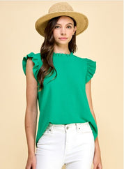 Solid Mock Neck Flutter Short Sleeve Top