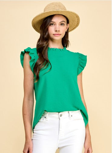 Solid Mock Neck Flutter Short Sleeve Top