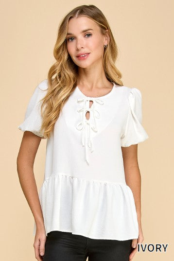 Bow Tie Peasant Short Sleeve Top