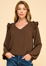 Solid Ruffle Shoulder Long Sleeve Top