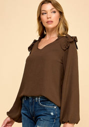 Solid Ruffle Shoulder Long Sleeve Top