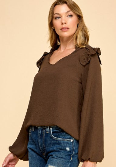Solid Ruffle Shoulder Long Sleeve Top