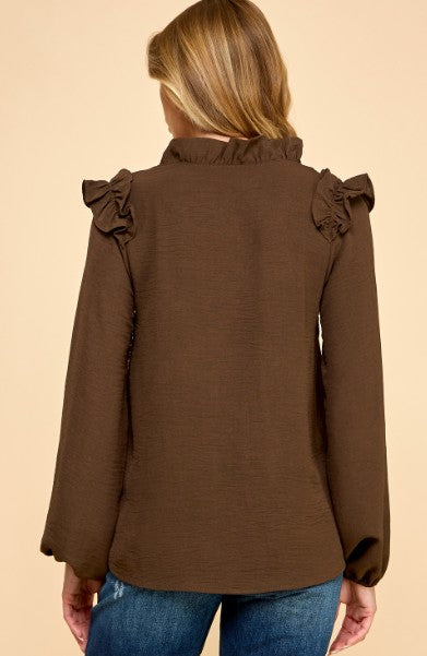Solid Ruffle Shoulder Long Sleeve Top