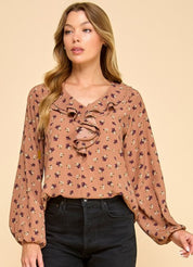 Printed Floral Ruffle Long Sleeve Top