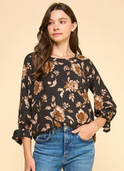 Brown Floral Tie Long Sleeve Top