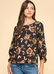 Brown Floral Tie Long Sleeve Top