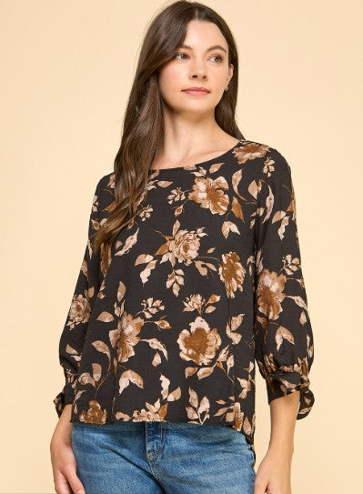 Brown Floral Tie Long Sleeve Top