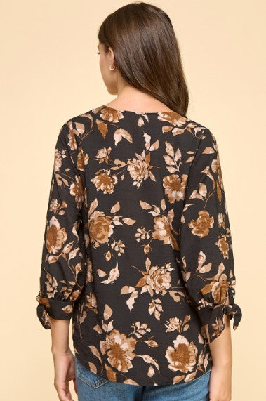 Brown Floral Tie Long Sleeve Top