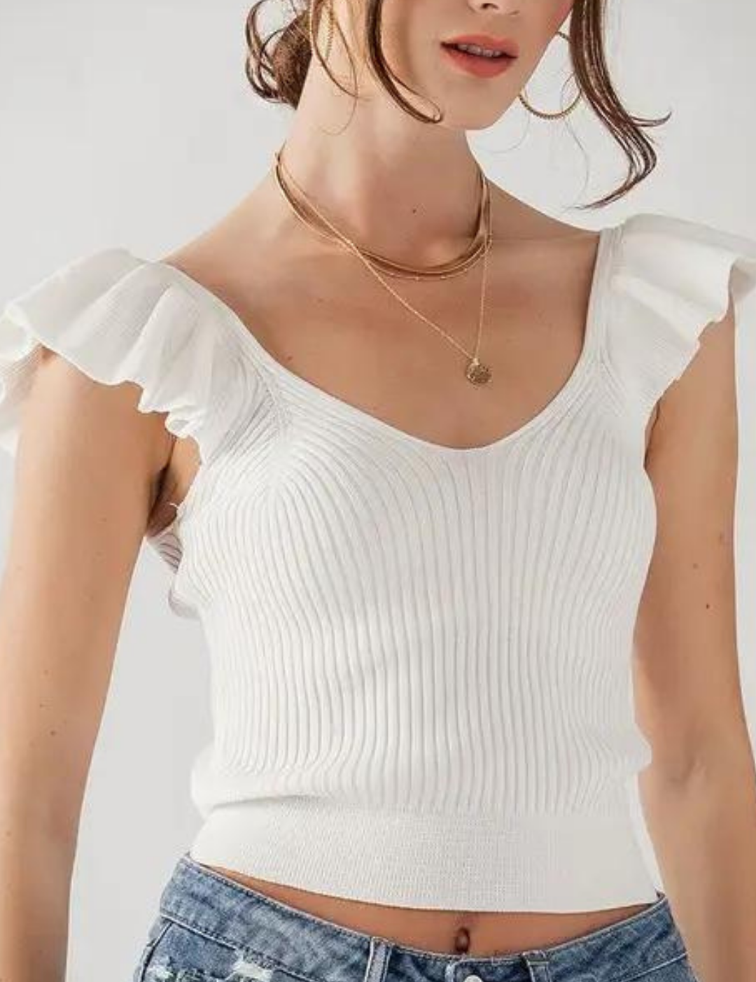 Solid Ribbed Knit Ruffle Shoulder Top