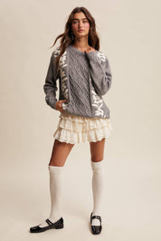 Floral Panel Cable Knit Sweater