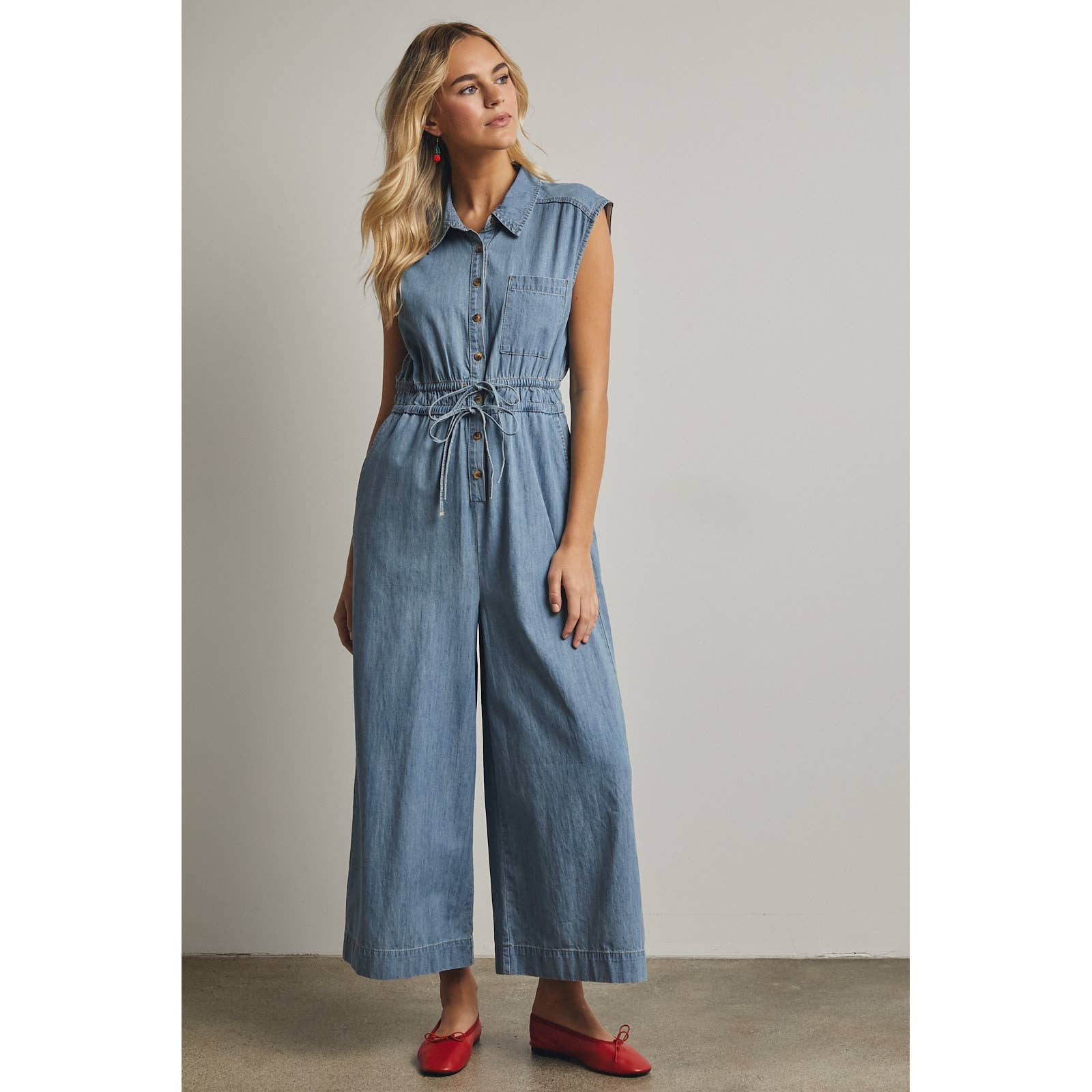 Cotton Denim Button Up Jumpsuit