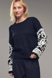 Embroidered Sleeve Ivory Knit Sweater