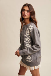Floral Panel Cable Knit Sweater
