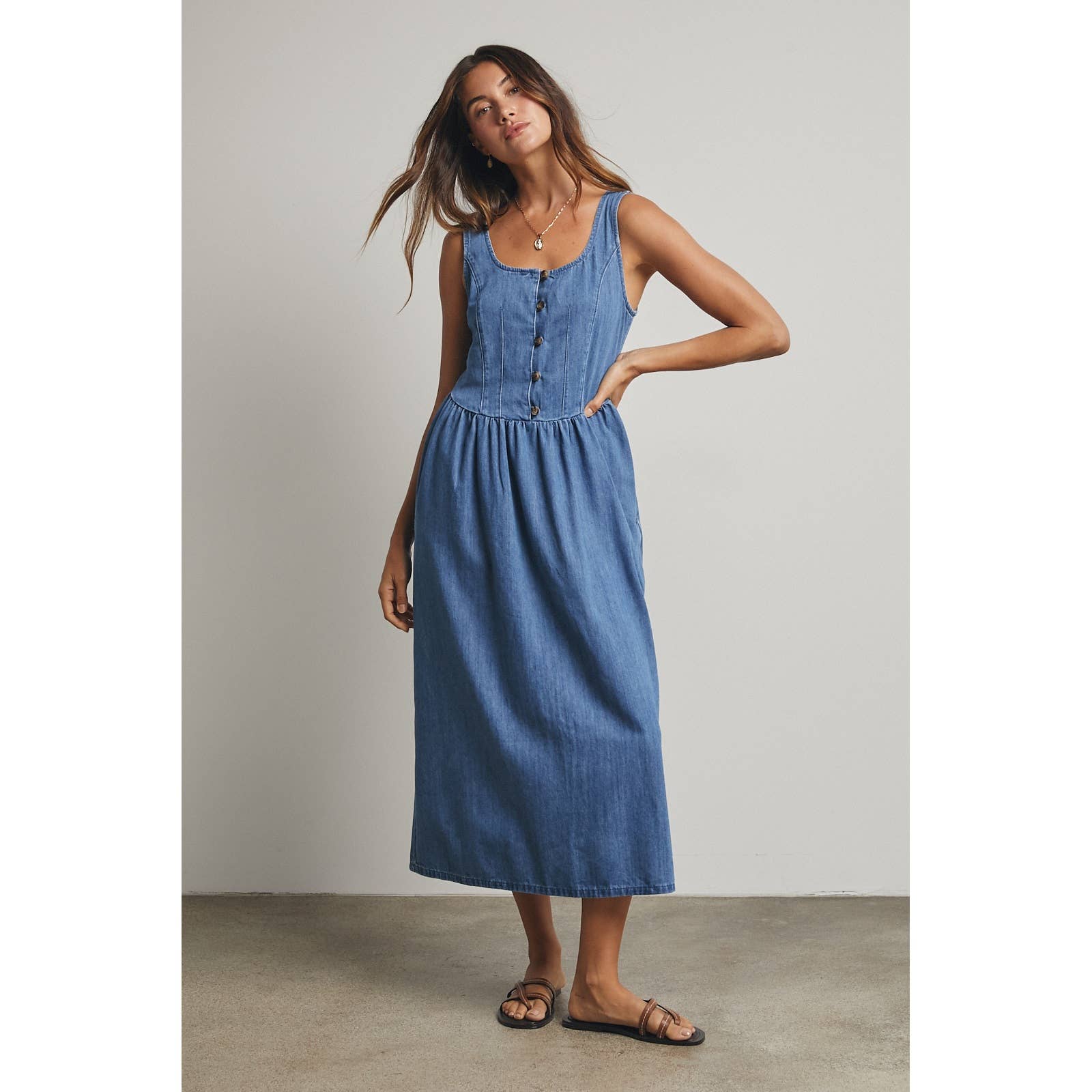 Cotton Denim Button Up Midi Dress