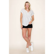 Split Neck Stripe Short Sleeve Top