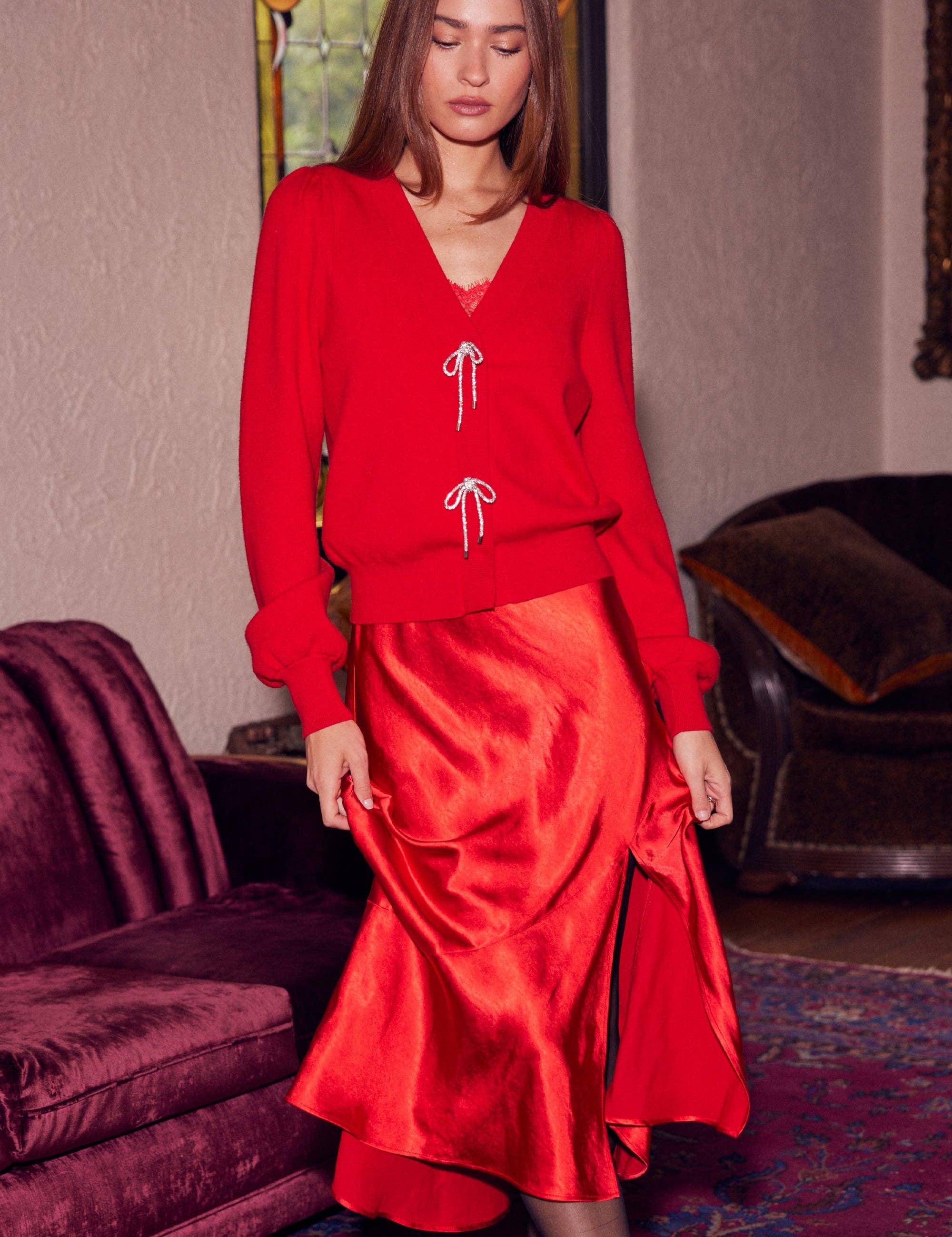 Bow Detail Puff Sleeve Cardigan