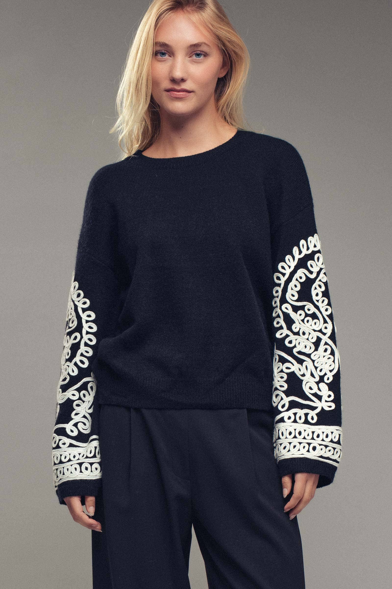 Embroidered Sleeve Ivory Knit Sweater