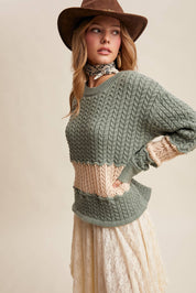Colorblock Zig Cable Knit Sweater