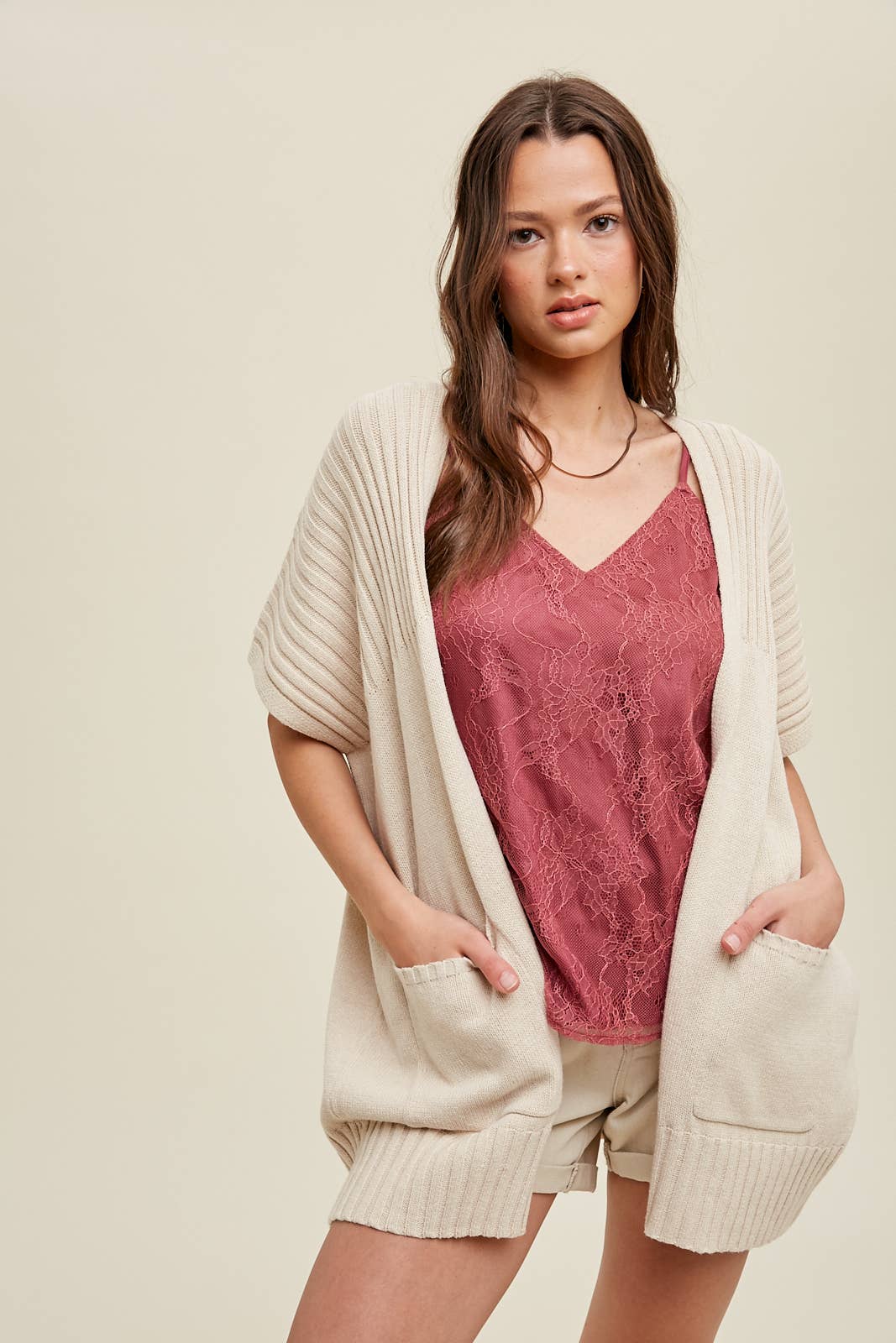 Dolman Short Sleeve Ribbed Cardigan