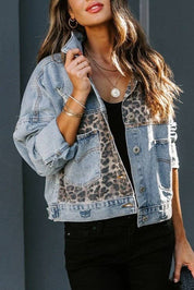 Leopard-Print Paneled Ripped Denim Jacket