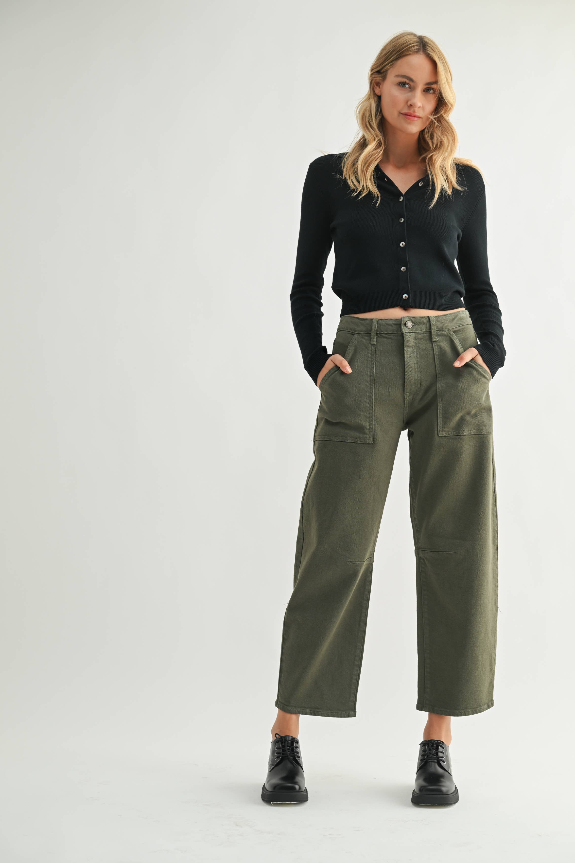 Just Black Denim Olive Utility Seamed Barrel Jean