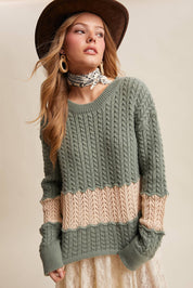 Colorblock Zig Cable Knit Sweater