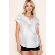 Split Neck Stripe Short Sleeve Top