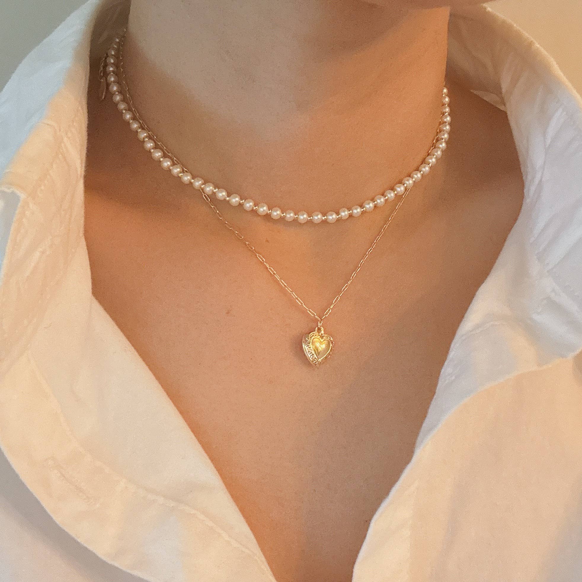 Pearls And Heart Locket Layered Necklace