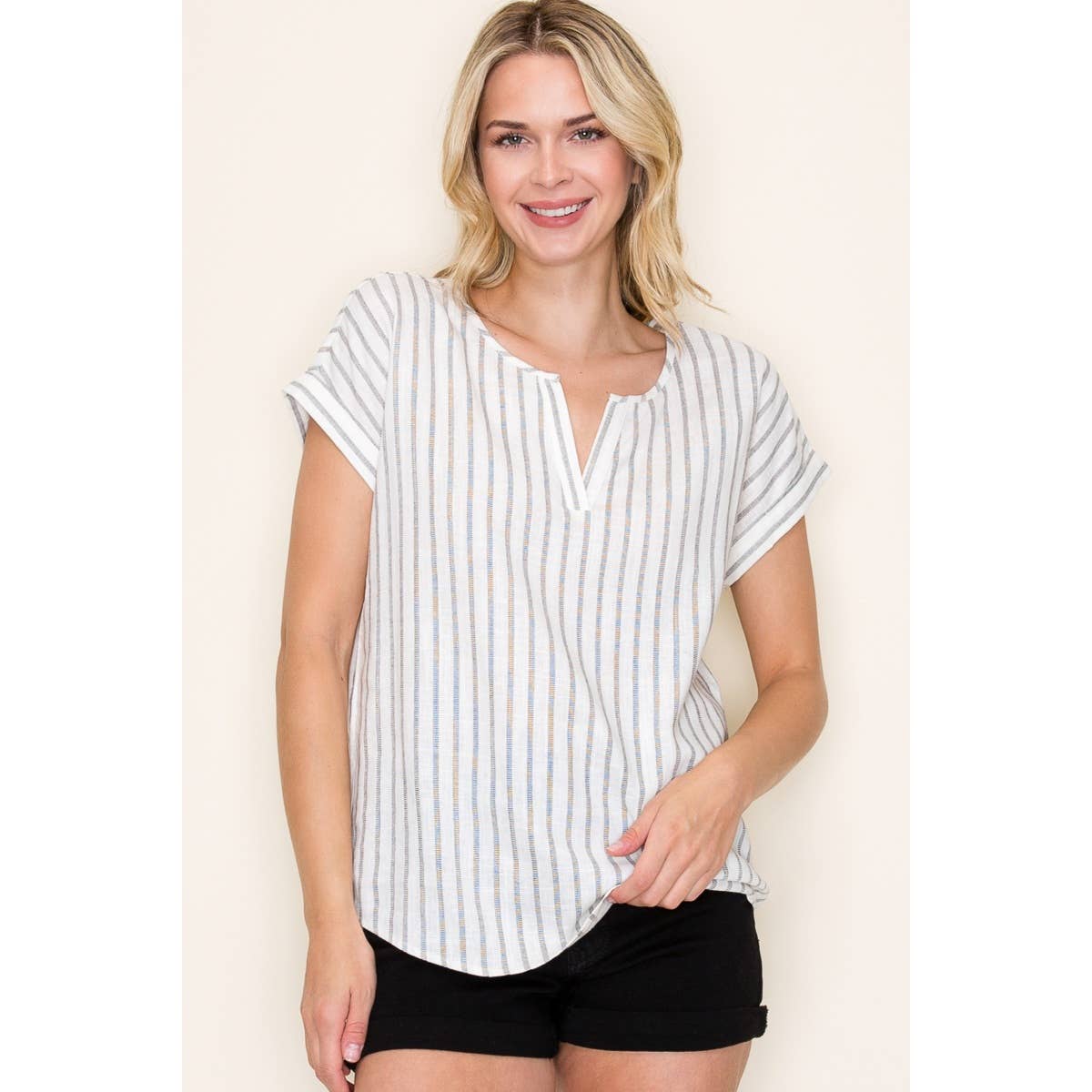 Split Neck Stripe Short Sleeve Top