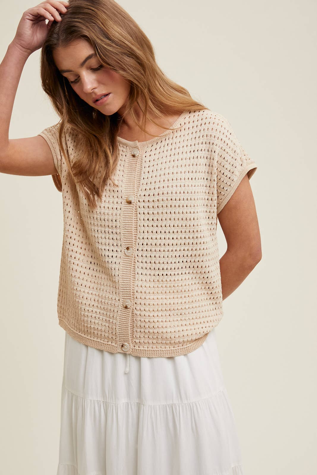 Open-Knit Button Up Short Sleeve Sweater